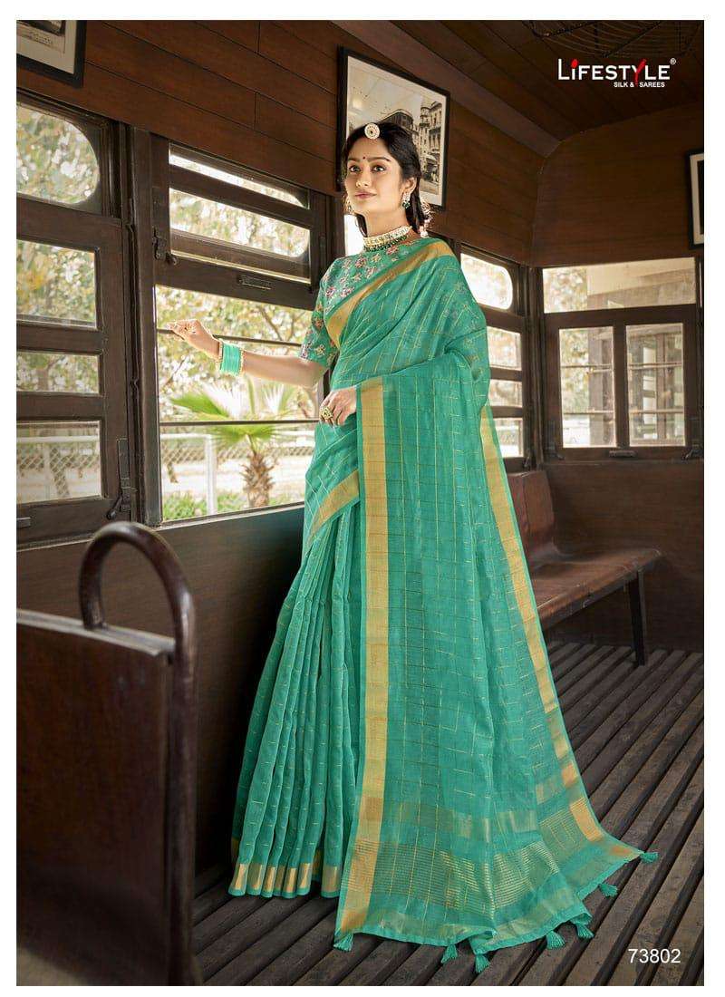 INDIAN BEAUTY BY LIFESTYLE 73801 TO 73806 SERIES INDIAN TRADITIONAL WEAR COLLECTION BEAUTIFUL STYLISH FANCY COLORFUL PARTY WEAR & OCCASIONAL WEAR COTTON JARI SAREES AT WHOLESALE PRICE