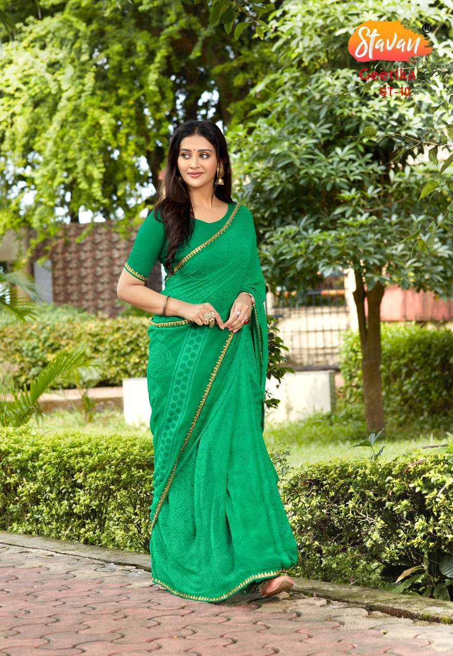 GEETIKA BY STAVAN INDIAN TRADITIONAL WEAR COLLECTION BEAUTIFUL STYLISH FANCY COLORFUL PARTY WEAR & OCCASIONAL WEAR PURE GEORGETTE SAREES AT WHOLESALE PRICE