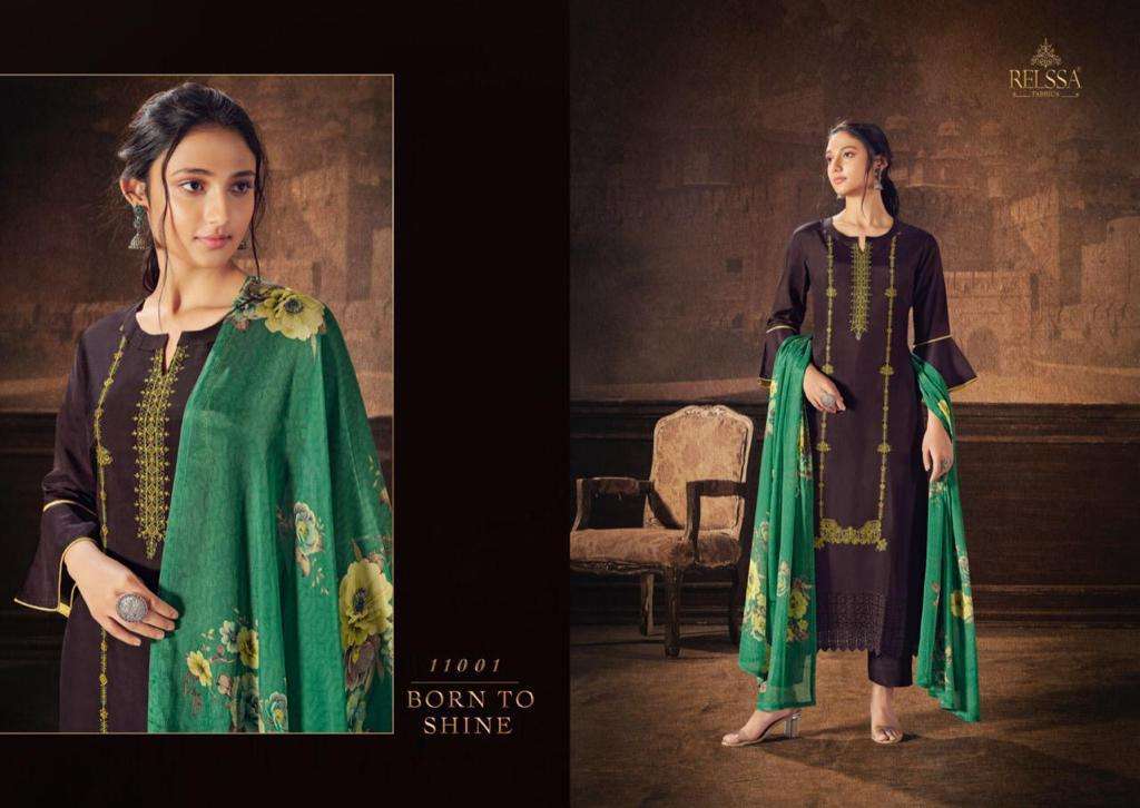 KASAUTI 11001 SERIES BY RELSSA FABRICS 11001 TO 11006 SERIES BEAUTIFUL SUITS COLORFUL STYLISH FANCY CASUAL WEAR & ETHNIC WEAR RUSSIAN SILK EMBROIDERED DRESSES AT WHOLESALE PRICE