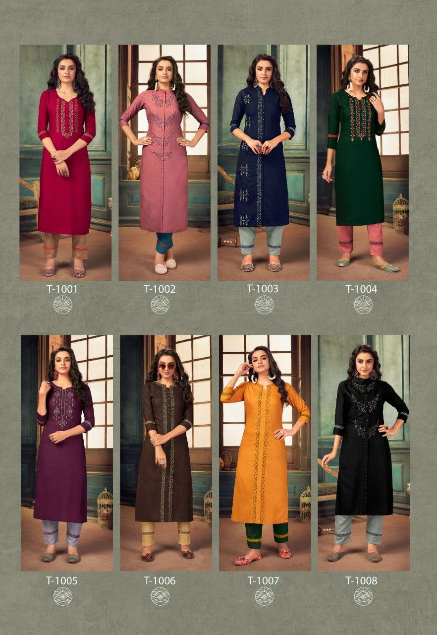 TITOS VOL-1 BY ZENO 1001 TO 1008 SERIES DESIGNER STYLISH FANCY COLORFUL BEAUTIFUL PARTY WEAR & ETHNIC WEAR COLLECTION RAYON EMBROIDERY KURTIS WITH BOTTOM AT WHOLESALE PRICE