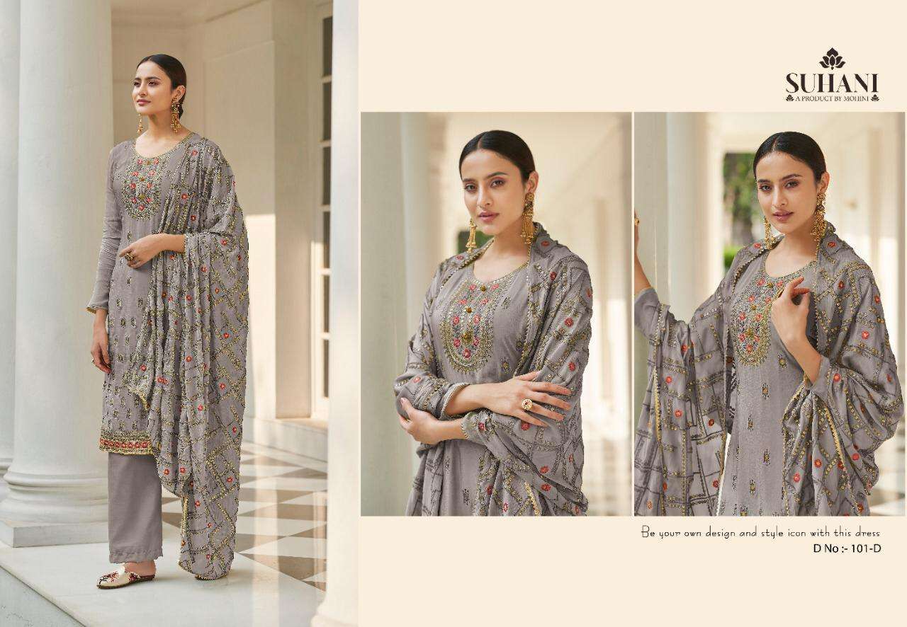 SUHANI BY MOHINI FASHION 101-A TO 101-D SERIES BEAUTIFUL SUITS COLORFUL STYLISH FANCY CASUAL WEAR & ETHNIC WEAR PURE VISCOSE CHINNON EMBROIDERED DRESSES AT WHOLESALE PRICE