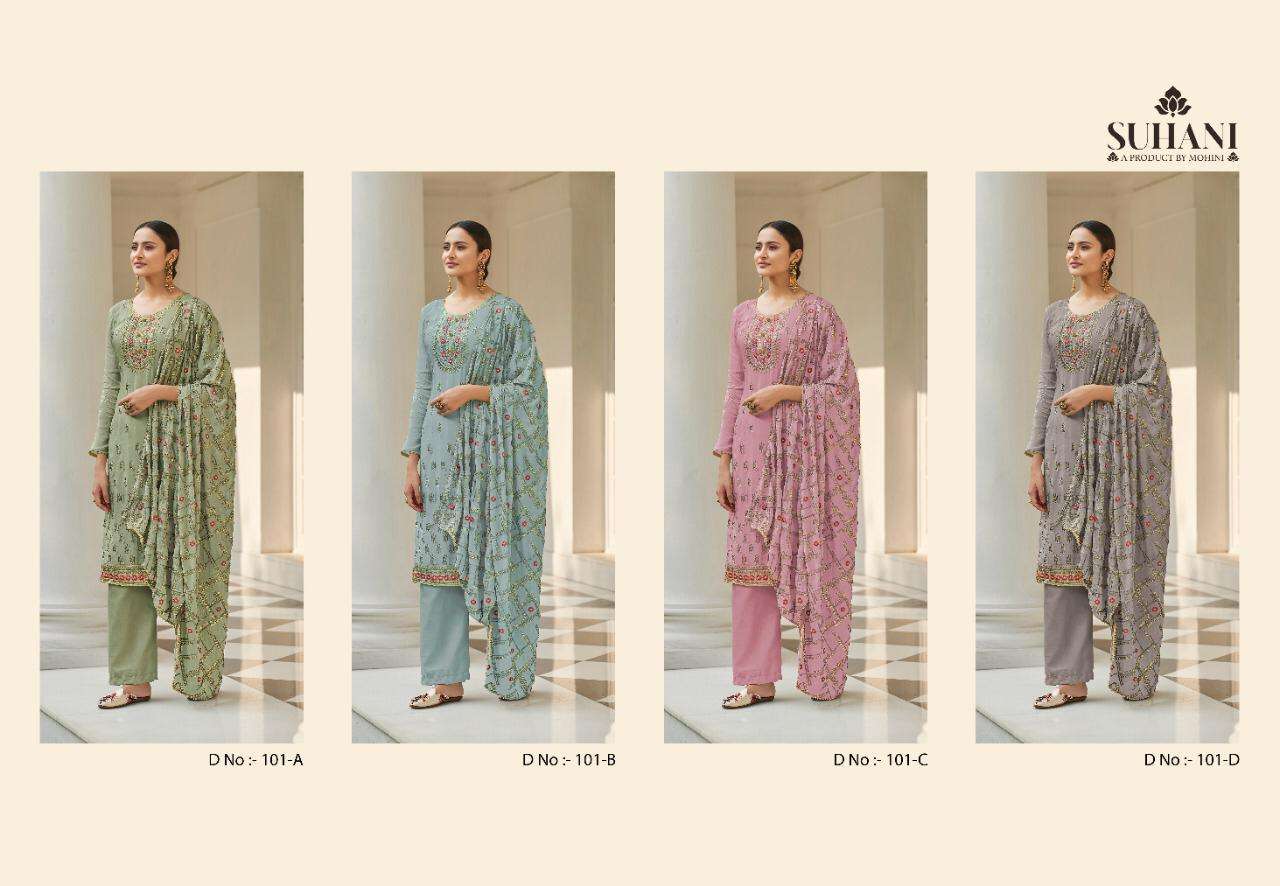 SUHANI BY MOHINI FASHION 101-A TO 101-D SERIES BEAUTIFUL SUITS COLORFUL STYLISH FANCY CASUAL WEAR & ETHNIC WEAR PURE VISCOSE CHINNON EMBROIDERED DRESSES AT WHOLESALE PRICE