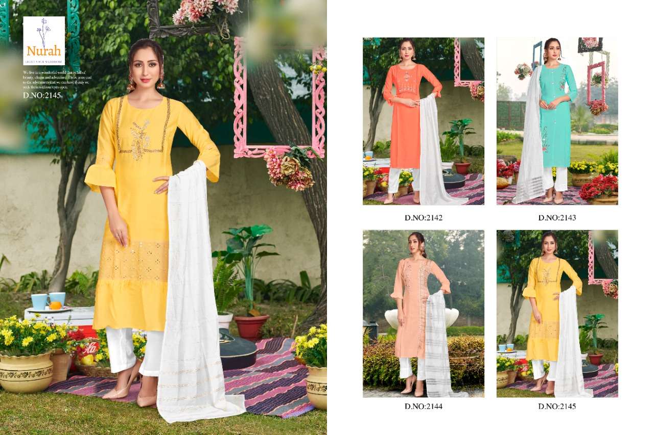 NIMRAT VOL-2 BY NURAH 2142 TO 2145 SERIES BEAUTIFUL SUITS COLORFUL STYLISH FANCY CASUAL WEAR & ETHNIC WEAR FANCY SILK WITH WORK DRESSES AT WHOLESALE PRICE