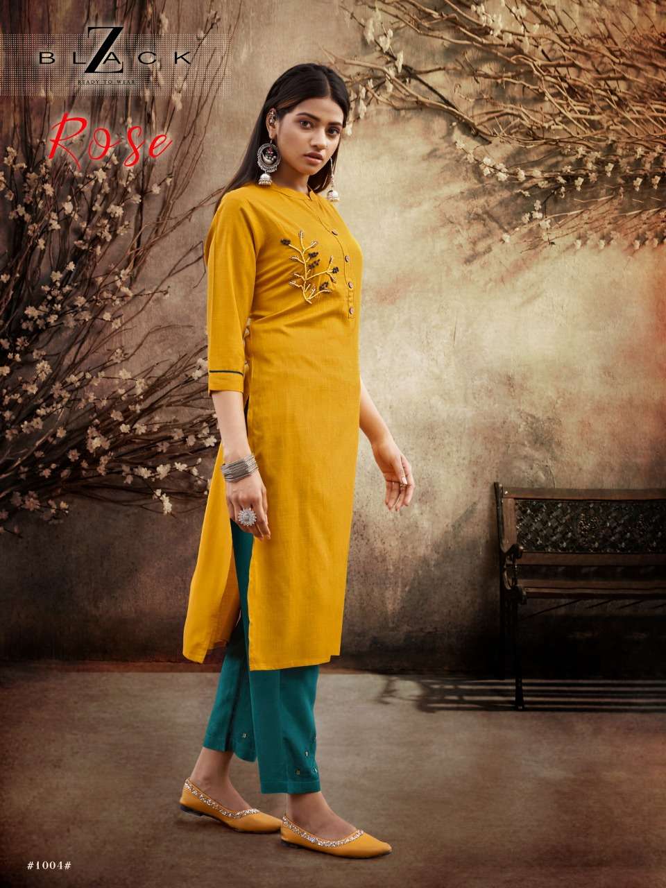 ROSE BY Z BLACK 1001 TO 1006 SERIES DESIGNER STYLISH FANCY COLORFUL BEAUTIFUL PARTY WEAR & ETHNIC WEAR COLLECTION RAYON SLUB WITH WORK KURTIS WITH BOTTOM AT WHOLESALE PRICE