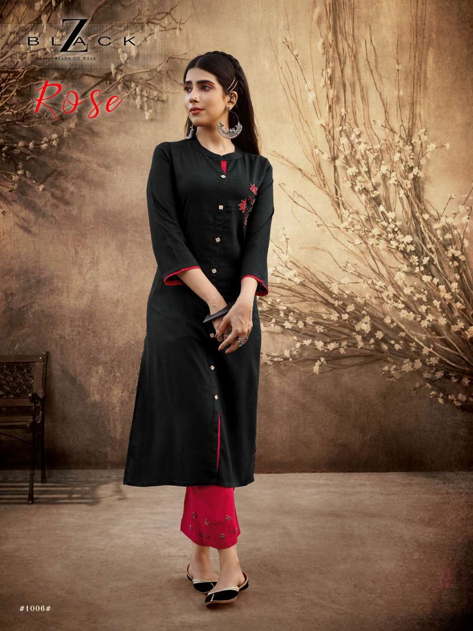 ROSE BY Z BLACK 1001 TO 1006 SERIES DESIGNER STYLISH FANCY COLORFUL BEAUTIFUL PARTY WEAR & ETHNIC WEAR COLLECTION RAYON SLUB WITH WORK KURTIS WITH BOTTOM AT WHOLESALE PRICE