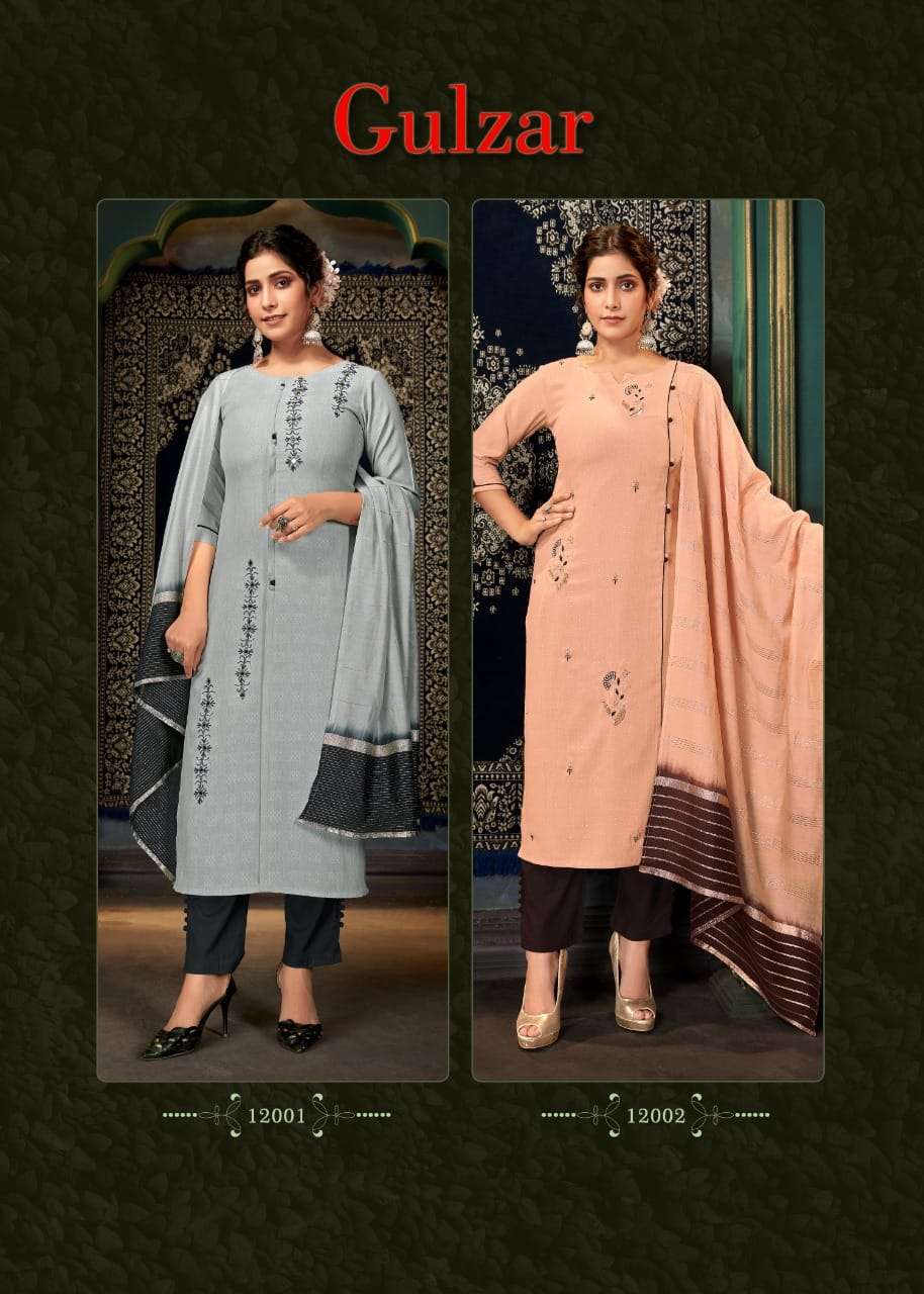 GULZAR BY 4 COLOURS 12001 TO 12005 SERIES BEAUTIFUL SUITS COLORFUL STYLISH FANCY CASUAL WEAR & ETHNIC WEAR HEAVY VISCOSE WEAVING WITH WORK DRESSES AT WHOLESALE PRICE