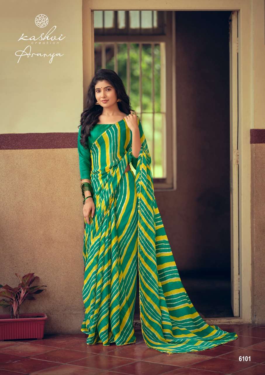 ARANYA BY KASHVI CREATION 6101 TO 6110 SERIES INDIAN TRADITIONAL WEAR COLLECTION BEAUTIFUL STYLISH FANCY COLORFUL PARTY WEAR & OCCASIONAL WEAR PURE CHIFFON SAREES AT WHOLESALE PRICE
