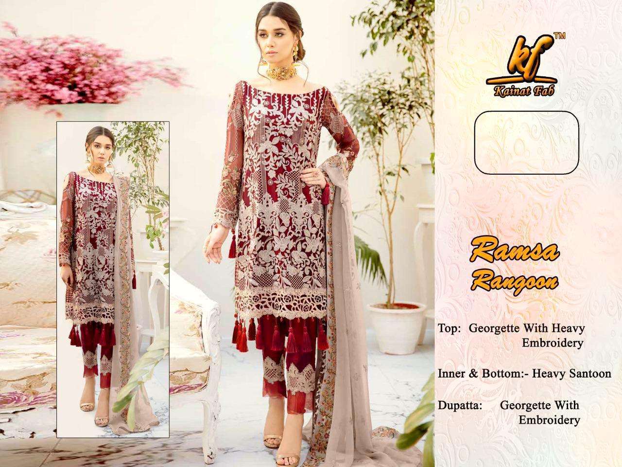 RAMSA RANGOON BY KAINAT FAB DESIGNER FESTIVE PAKISTANI SUITS COLLECTION BEAUTIFUL STYLISH FANCY COLORFUL PARTY WEAR & OCCASIONAL WEAR FAUX GEORGETTE EMBROIDERED DRESSES AT WHOLESALE PRICE