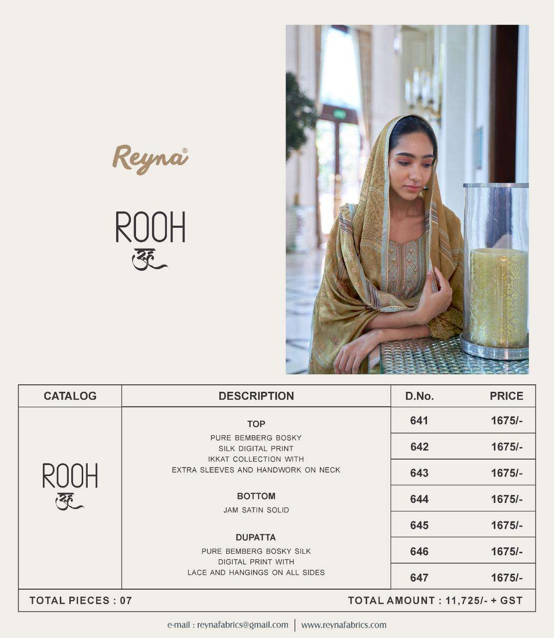 ROOH BY REYNA 641 TO 647 SERIES BEAUTIFUL SUITS COLORFUL STYLISH FANCY CASUAL WEAR & ETHNIC WEAR PURE BEMBERG SILK DIGITAL PRINT WITH WORK DRESSES AT WHOLESALE PRICE