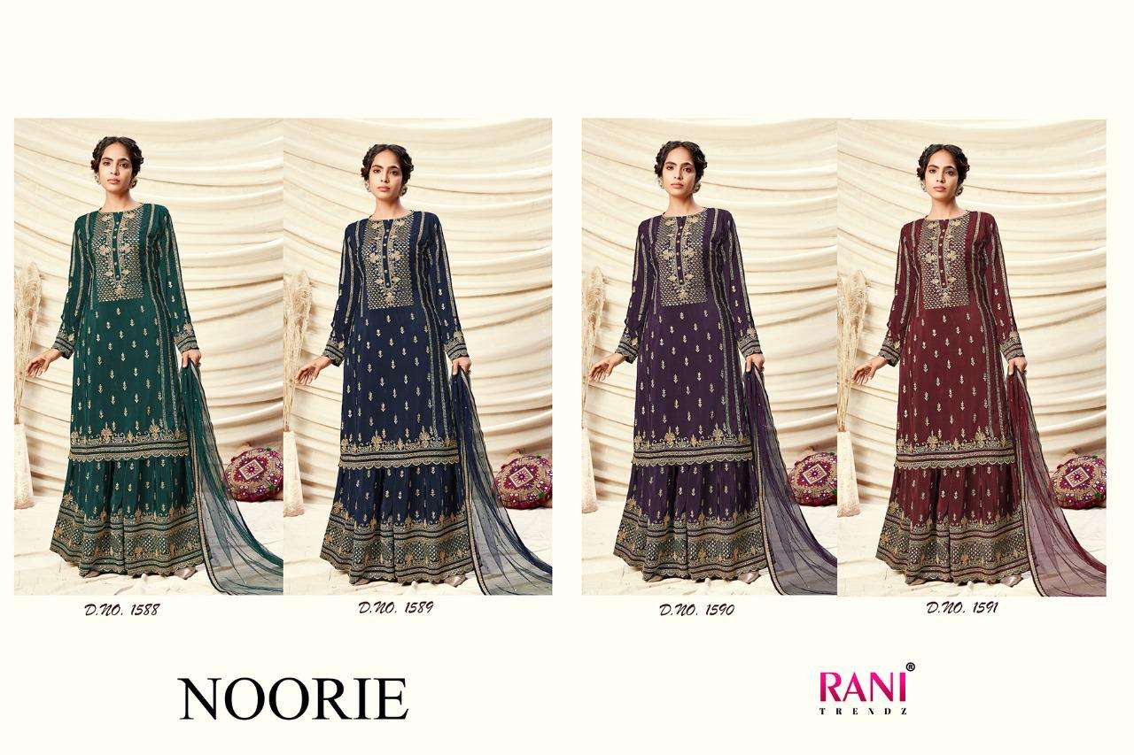 NOORIE BY RANI TRENDZ 1588 TO 1591 SERIES BEAUTIFUL STYLISH SHARARA SUITS FANCY COLORFUL CASUAL WEAR & ETHNIC WEAR & READY TO WEAR REAL GEORGETTE EMBROIDERED DRESSES AT WHOLESALE PRICE