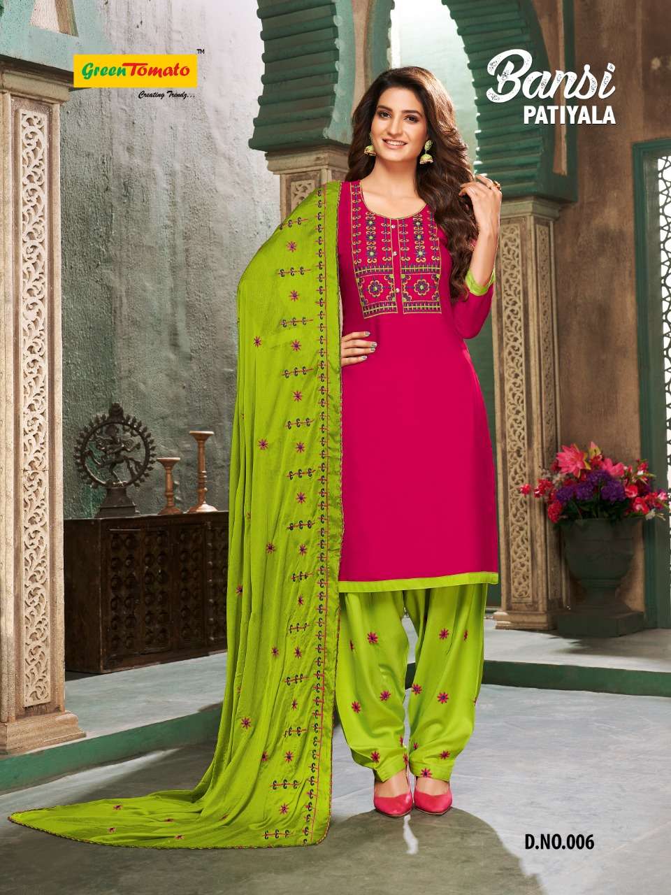 BANSI PATIYALA BY GREEN TOMATO 001 TO 008 SERIES BEAUTIFUL PATIYALA SUITS COLORFUL STYLISH FANCY CASUAL WEAR & ETHNIC WEAR HEAVY RAYON EMBROIDERED DRESSES AT WHOLESALE PRICE