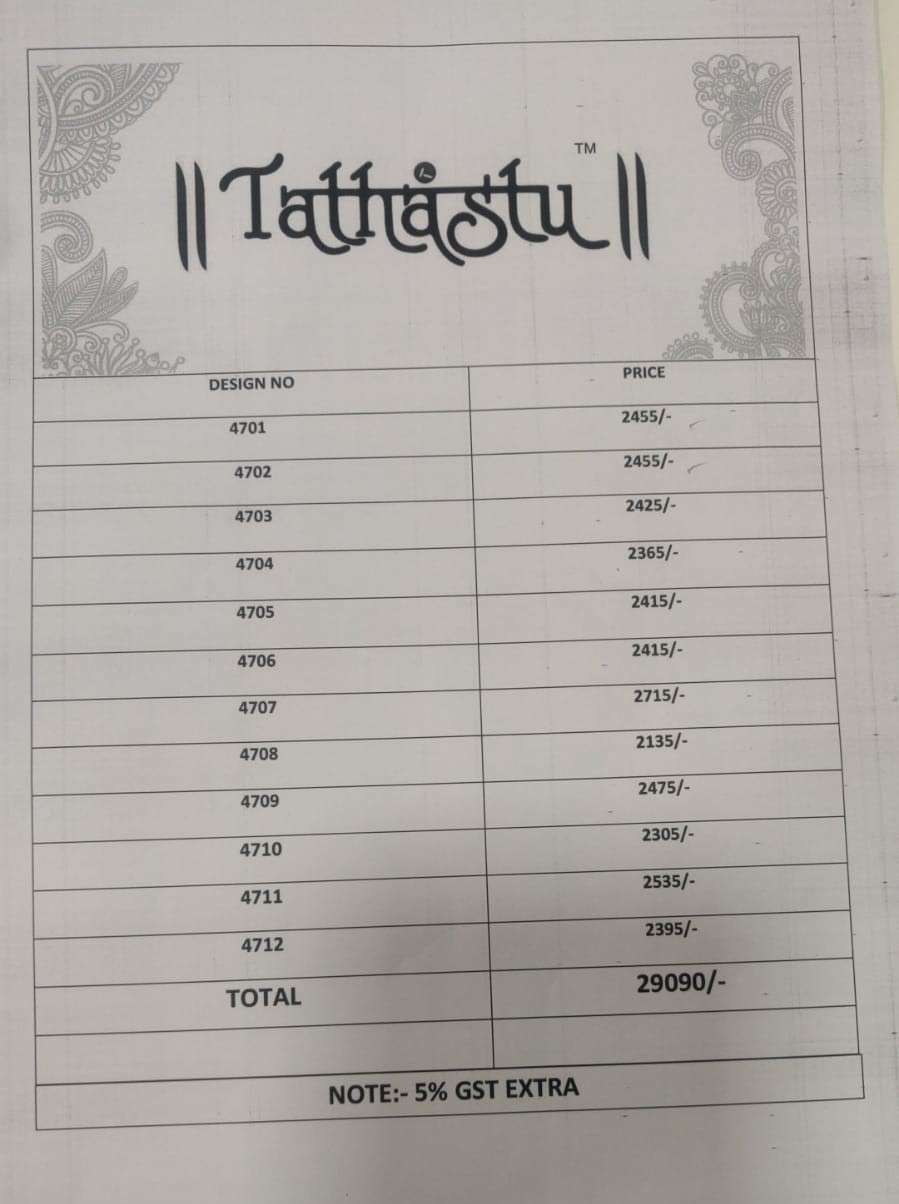 TATHASTU 4700 SERIES BY TATHASTU 4701 TO 4712 SERIES DESIGNER BEAUTIFUL NAVRATRI COLLECTION OCCASIONAL WEAR & PARTY WEAR SILK LEHENGAS AT WHOLESALE PRICE