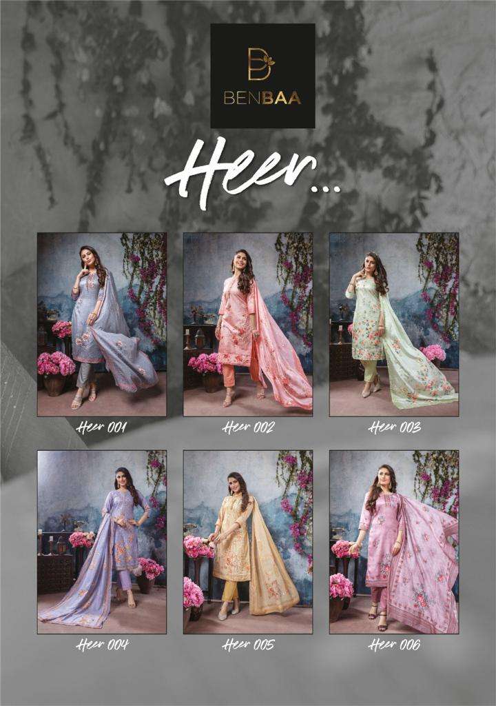 HEER BY BENBAA 001 TO 006 SERIES BEAUTIFUL SUITS COLORFUL STYLISH FANCY CASUAL WEAR & ETHNIC WEAR PURE HEAVY JAM SILK PRINT DRESSES AT WHOLESALE PRICE