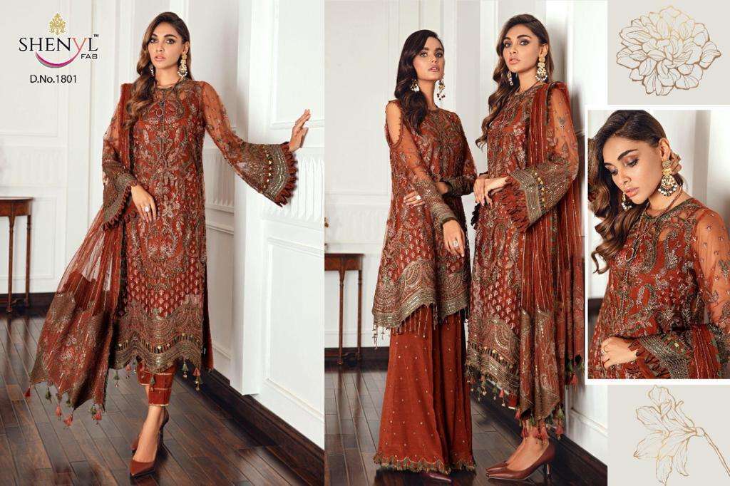 SHENYL HITS VOL-7 BY SHENYL FAB 1801 TO 1804 SERIES DESIGNER PAKISTANI SUITS BEAUTIFUL STYLISH FANCY COLORFUL PARTY WEAR & OCCASIONAL WEAR FAUX GEORGETTE EMBROIDERY DRESSES AT WHOLESALE PRICE