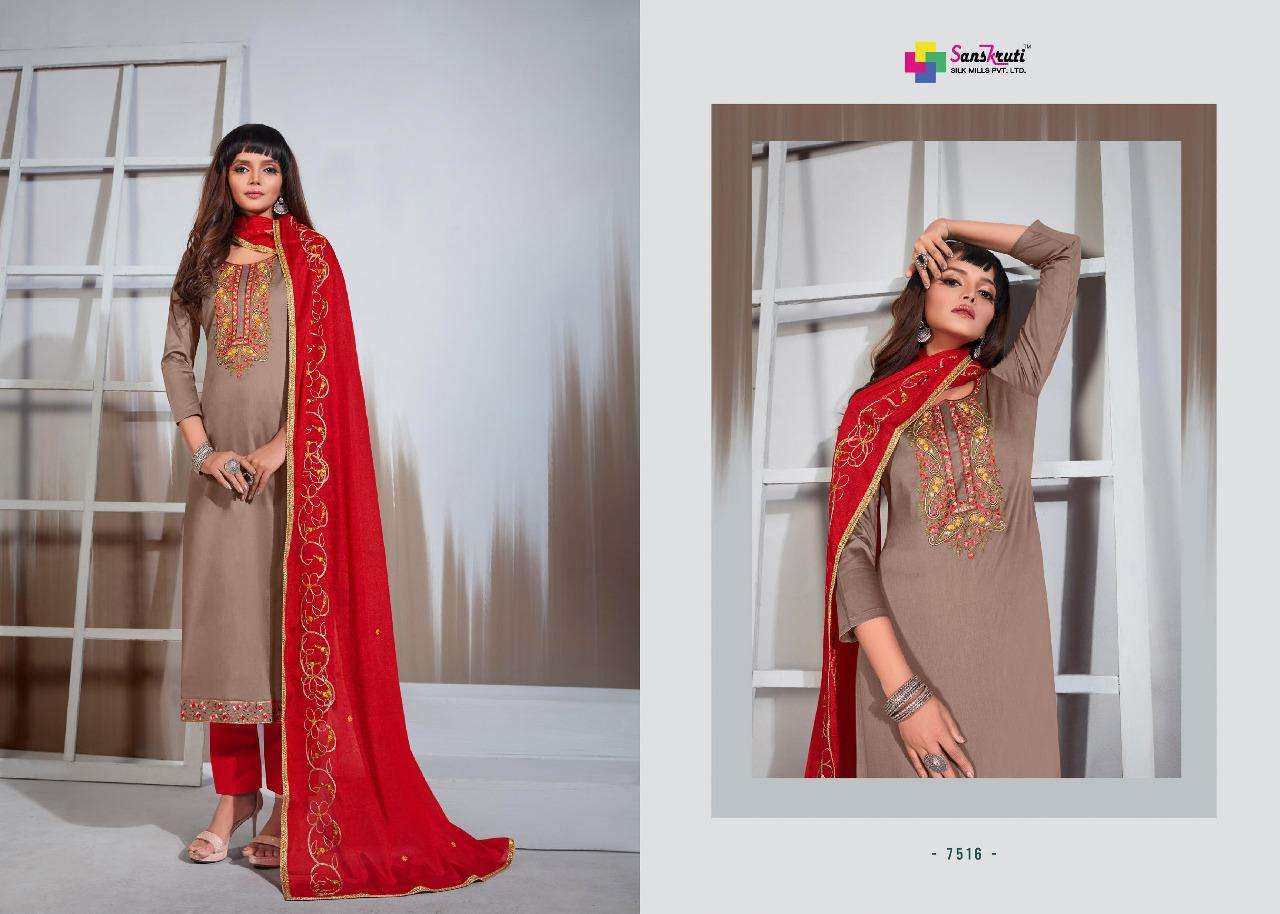 ORION BY SANSKRUTI SILK MILLS 7513 TO 7518 SERIES BEAUTIFUL SUITS COLORFUL STYLISH FANCY CASUAL WEAR & ETHNIC WEAR PURE JAM SILK EMBROIDERED DRESSES AT WHOLESALE PRICE