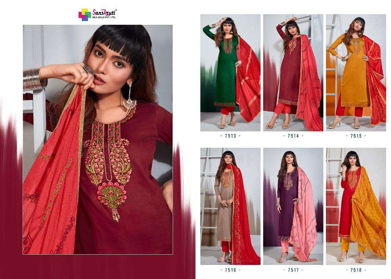 ORION BY SANSKRUTI SILK MILLS 7513 TO 7518 SERIES BEAUTIFUL SUITS COLORFUL STYLISH FANCY CASUAL WEAR & ETHNIC WEAR PURE JAM SILK EMBROIDERED DRESSES AT WHOLESALE PRICE