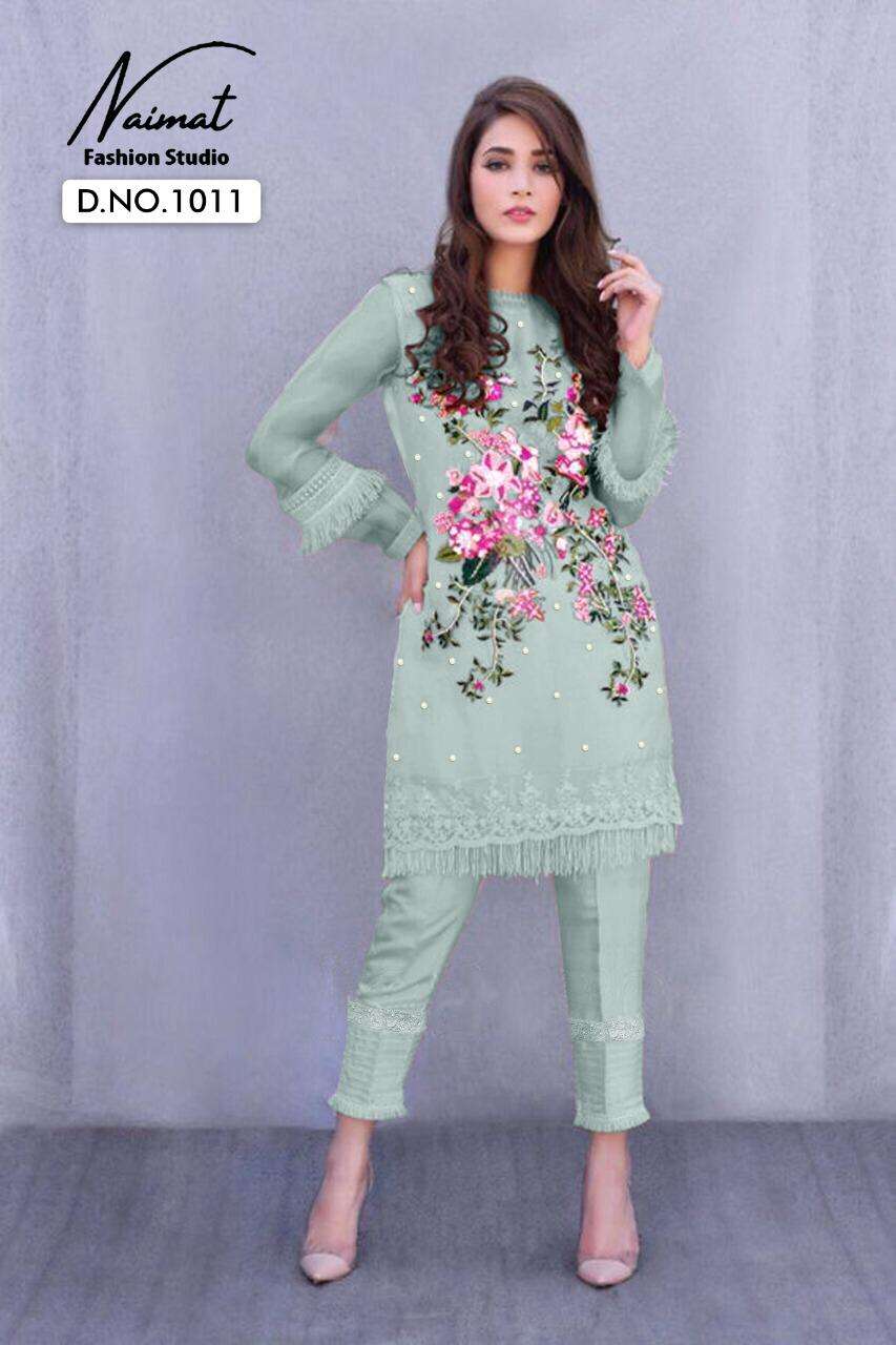 NAIMAT 1011 COLOURS BY NAIMAT FASHION STUDIO 1011-A TO 1011-B SERIES DESIGNER STYLISH FANCY COLORFUL BEAUTIFUL PARTY WEAR & ETHNIC WEAR COLLECTION PURE FAUX EMBROIDERY KURTIS WITH PANTS AT WHOLESALE PRICE