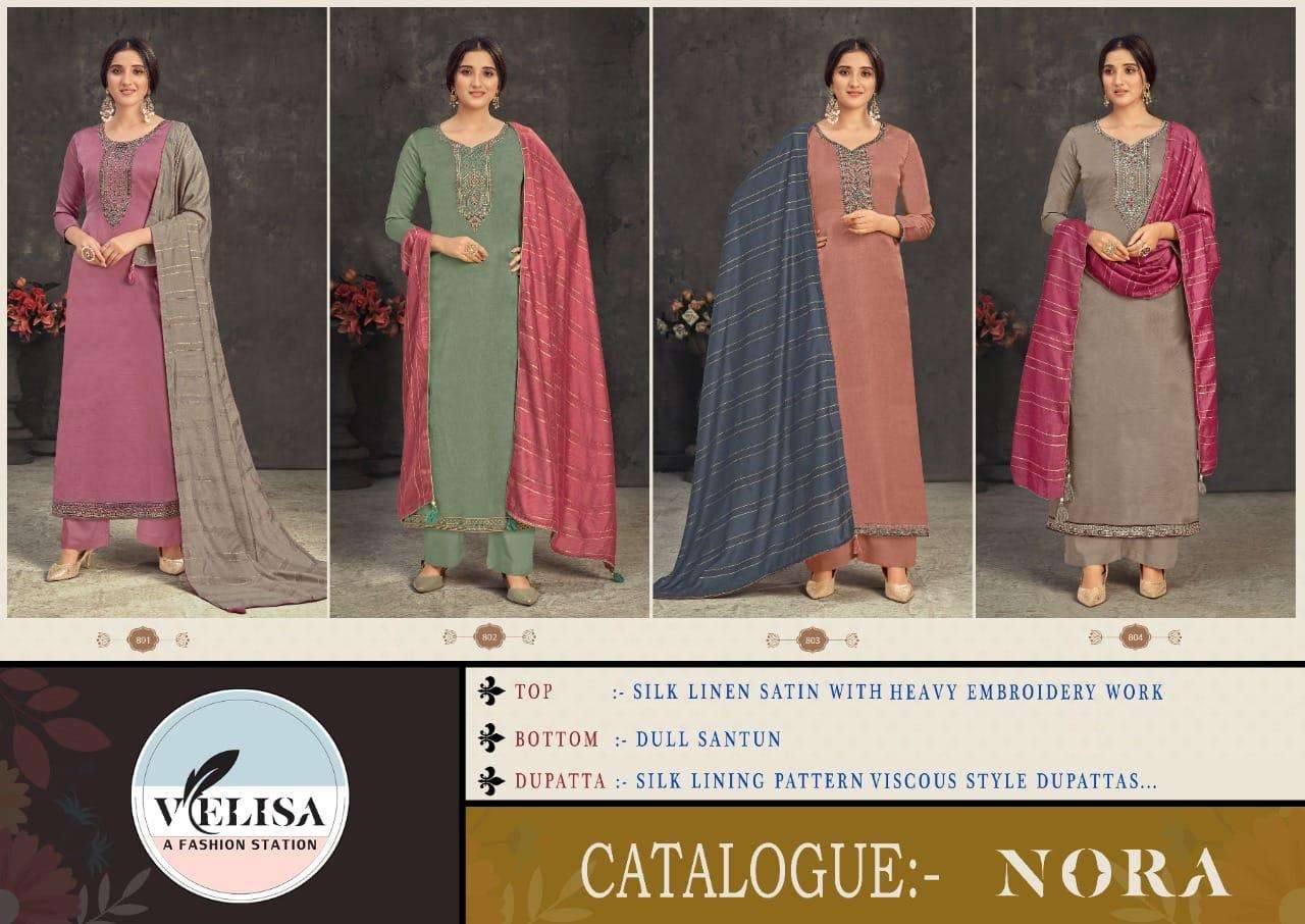 NORA BY VELISA 801 TO 804 SERIES BEAUTIFUL SUITS COLORFUL STYLISH FANCY CASUAL WEAR & ETHNIC WEAR SILK LINEN SATIN EMBROIDERED DRESSES AT WHOLESALE PRICE