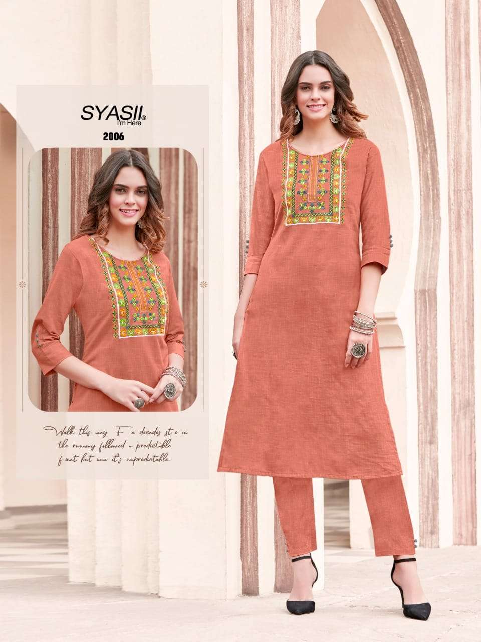 PURE VOL-2 BY SYASII 2001 TO 2006 SERIES DESIGNER STYLISH FANCY COLORFUL BEAUTIFUL PARTY WEAR & ETHNIC WEAR COLLECTION PURE COTTON SLUB EMBROIDERY KURTIS WITH BOTTOM AT WHOLESALE PRICE