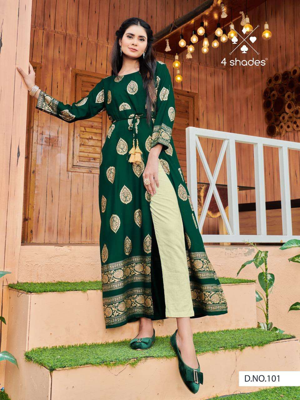 UN DEKHI BY 4 SHADES 101 TO 106 SERIES DESIGNER STYLISH FANCY COLORFUL BEAUTIFUL PARTY WEAR & ETHNIC WEAR COLLECTION RAYON PRINT KURTIS AT WHOLESALE PRICE