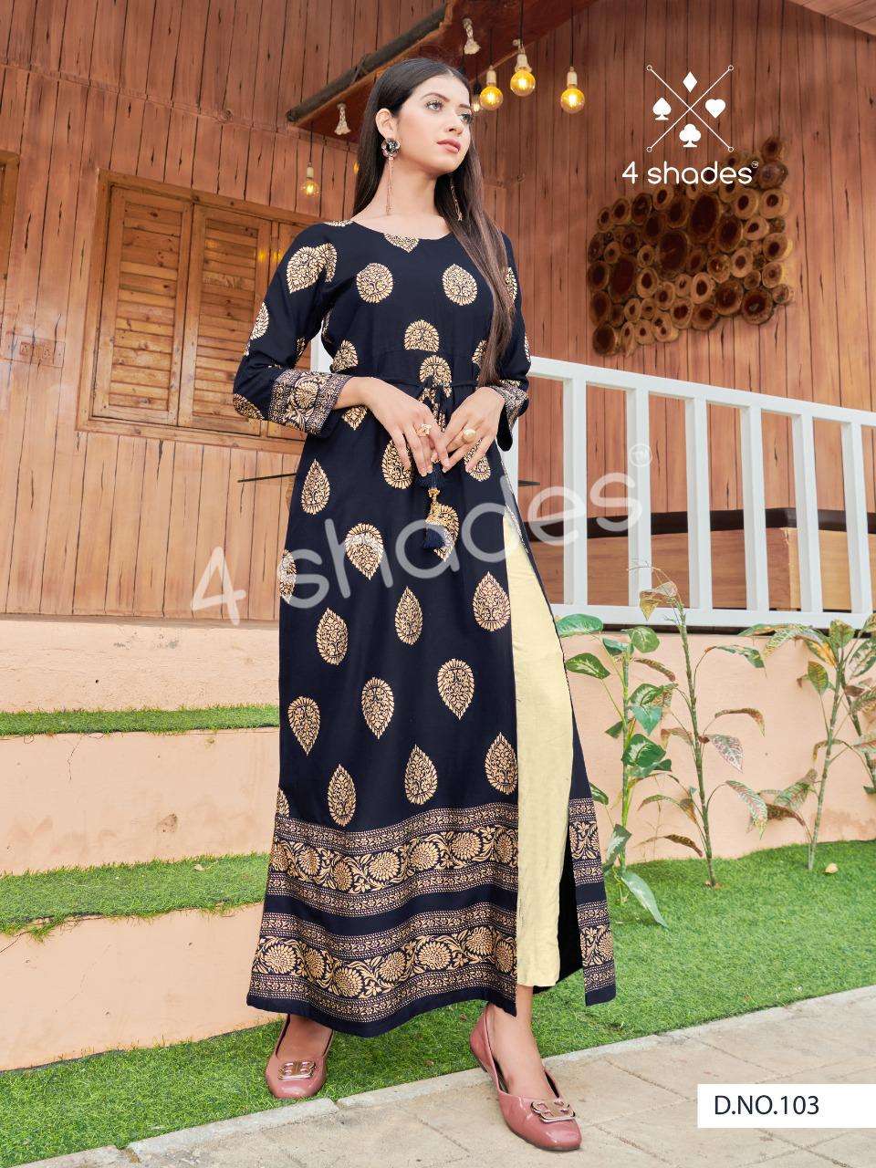 UN DEKHI BY 4 SHADES 101 TO 106 SERIES DESIGNER STYLISH FANCY COLORFUL BEAUTIFUL PARTY WEAR & ETHNIC WEAR COLLECTION RAYON PRINT KURTIS AT WHOLESALE PRICE