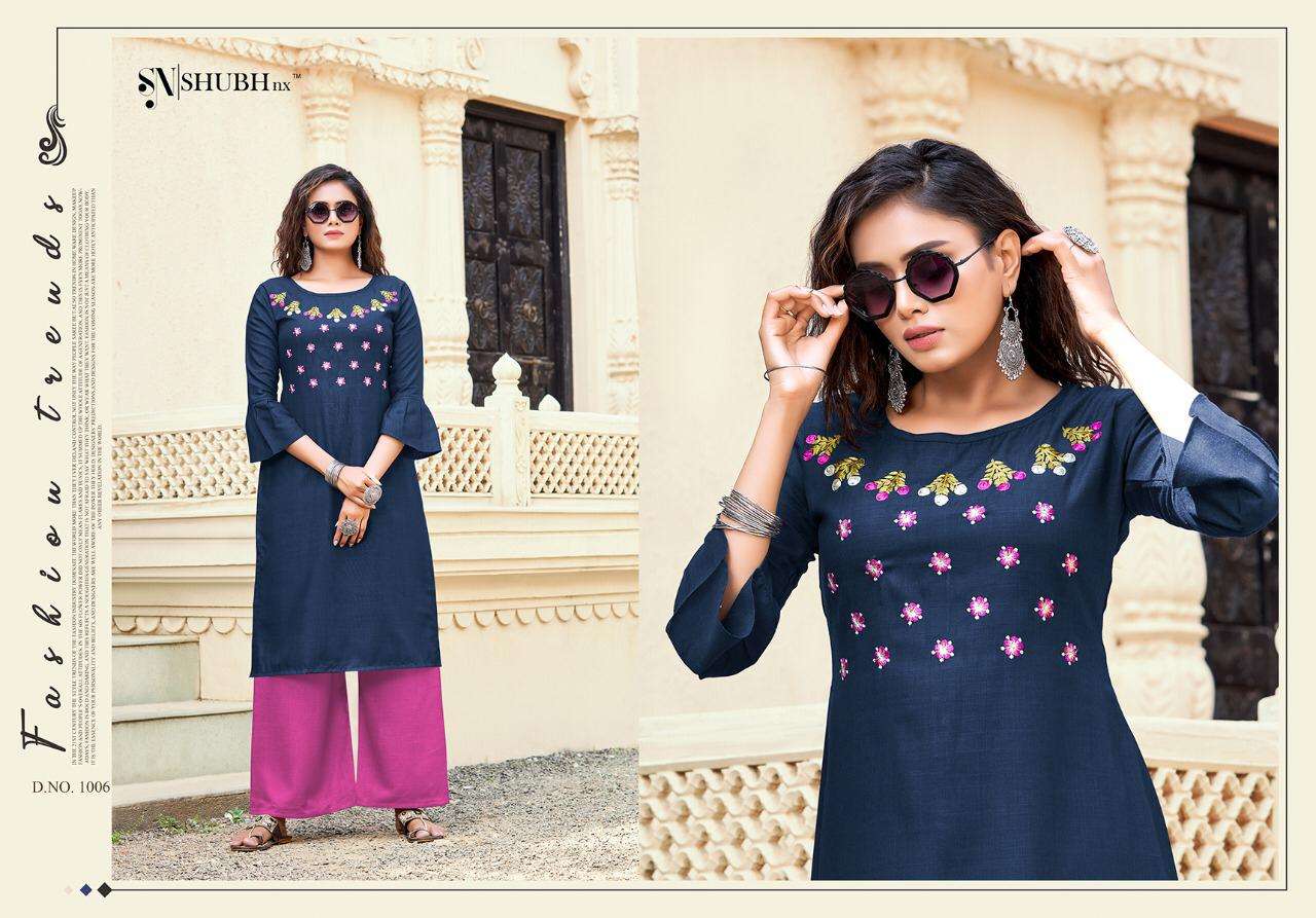 SUPER PLAZO BY SHUBH NX 1001 TO 1010 SERIES DESIGNER STYLISH FANCY COLORFUL BEAUTIFUL PARTY WEAR & ETHNIC WEAR COLLECTION RAYON SLUB EMBROIDERY KURTIS WITH BOTTOM AT WHOLESALE PRICE