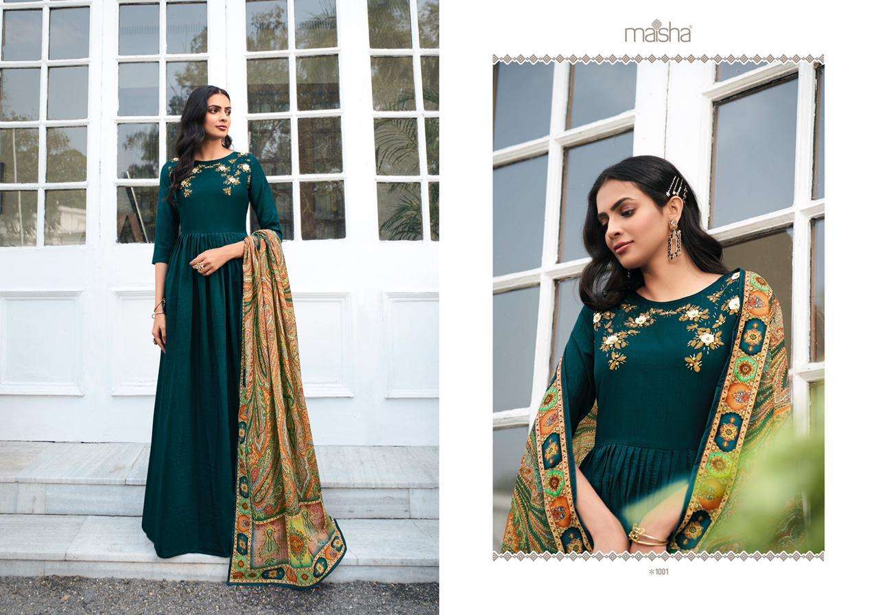 Masleen By Maisha 1001 To 1006 Series Beautiful Stylish Fancy Colorful Casual Wear & Ethnic Wear Pure Viscose Muslin Embroidered Gowns With Dupatta At Wholesale Price