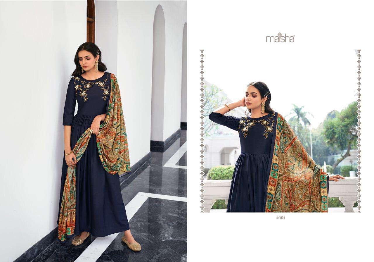 Masleen By Maisha 1001 To 1006 Series Beautiful Stylish Fancy Colorful Casual Wear & Ethnic Wear Pure Viscose Muslin Embroidered Gowns With Dupatta At Wholesale Price