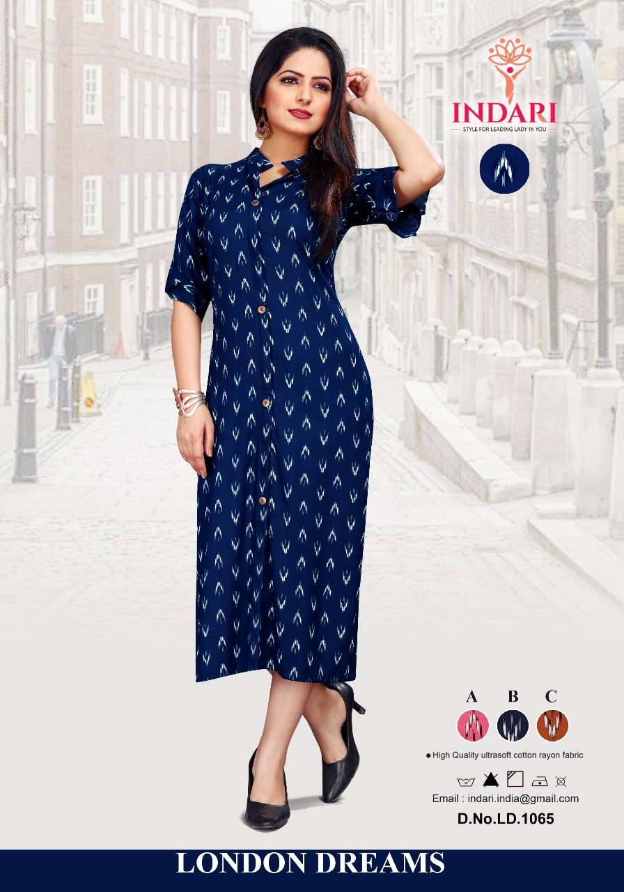 LONDON DREAMS BY INDARI DESIGNER STYLISH FANCY COLORFUL BEAUTIFUL PARTY WEAR & ETHNIC WEAR COLLECTION RAYON PRINT KURTIS AT WHOLESALE PRICE
