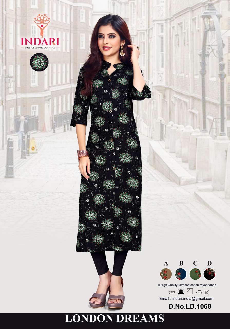 LONDON DREAMS BY INDARI DESIGNER STYLISH FANCY COLORFUL BEAUTIFUL PARTY WEAR & ETHNIC WEAR COLLECTION RAYON PRINT KURTIS AT WHOLESALE PRICE
