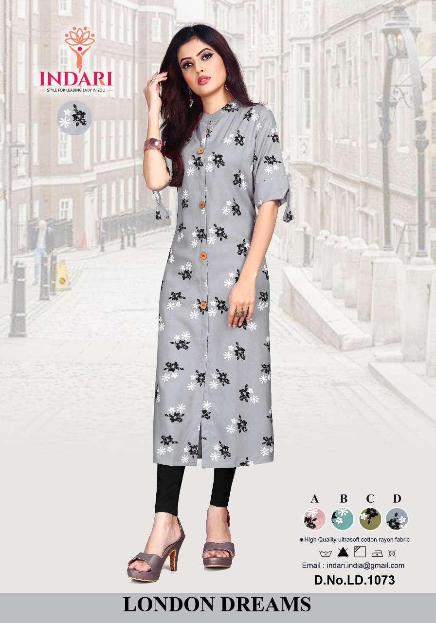 LONDON DREAMS BY INDARI DESIGNER STYLISH FANCY COLORFUL BEAUTIFUL PARTY WEAR & ETHNIC WEAR COLLECTION RAYON PRINT KURTIS AT WHOLESALE PRICE