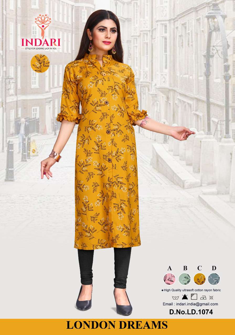 LONDON DREAMS BY INDARI DESIGNER STYLISH FANCY COLORFUL BEAUTIFUL PARTY WEAR & ETHNIC WEAR COLLECTION RAYON PRINT KURTIS AT WHOLESALE PRICE