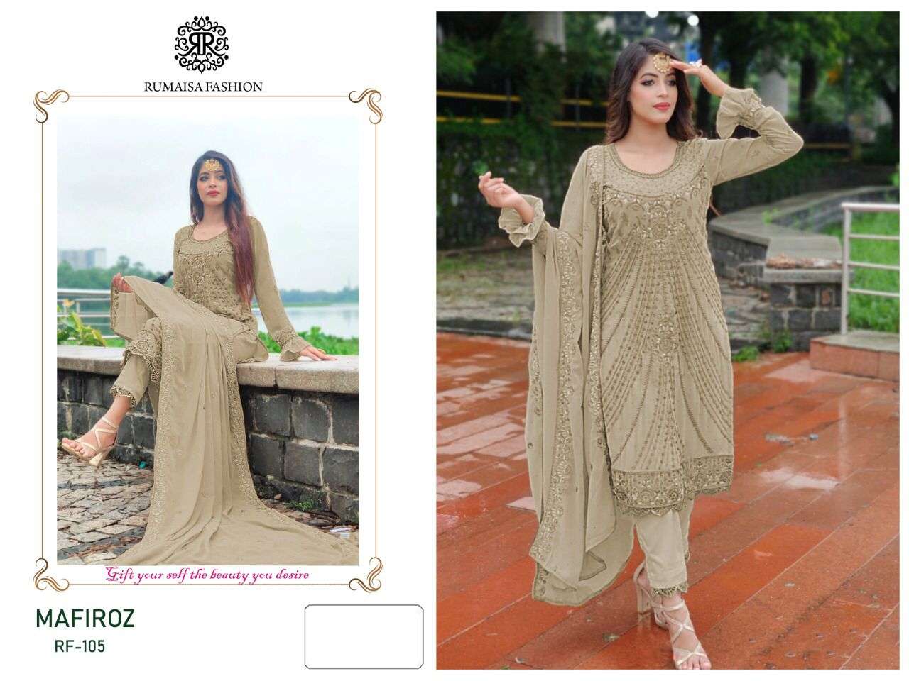 MAFIROZ BY RUMAISHA FASHION 105-A TO 105-D SERIES DESIGNER PAKISTANI SUITS BEAUTIFUL STYLISH FANCY COLORFUL PARTY WEAR & OCCASIONAL WEAR FAUX GEORGETTE EMBROIDERED DRESSES AT WHOLESALE PRICE