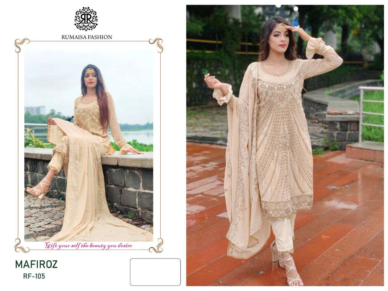 MAFIROZ BY RUMAISHA FASHION 105-A TO 105-D SERIES DESIGNER PAKISTANI SUITS BEAUTIFUL STYLISH FANCY COLORFUL PARTY WEAR & OCCASIONAL WEAR FAUX GEORGETTE EMBROIDERED DRESSES AT WHOLESALE PRICE