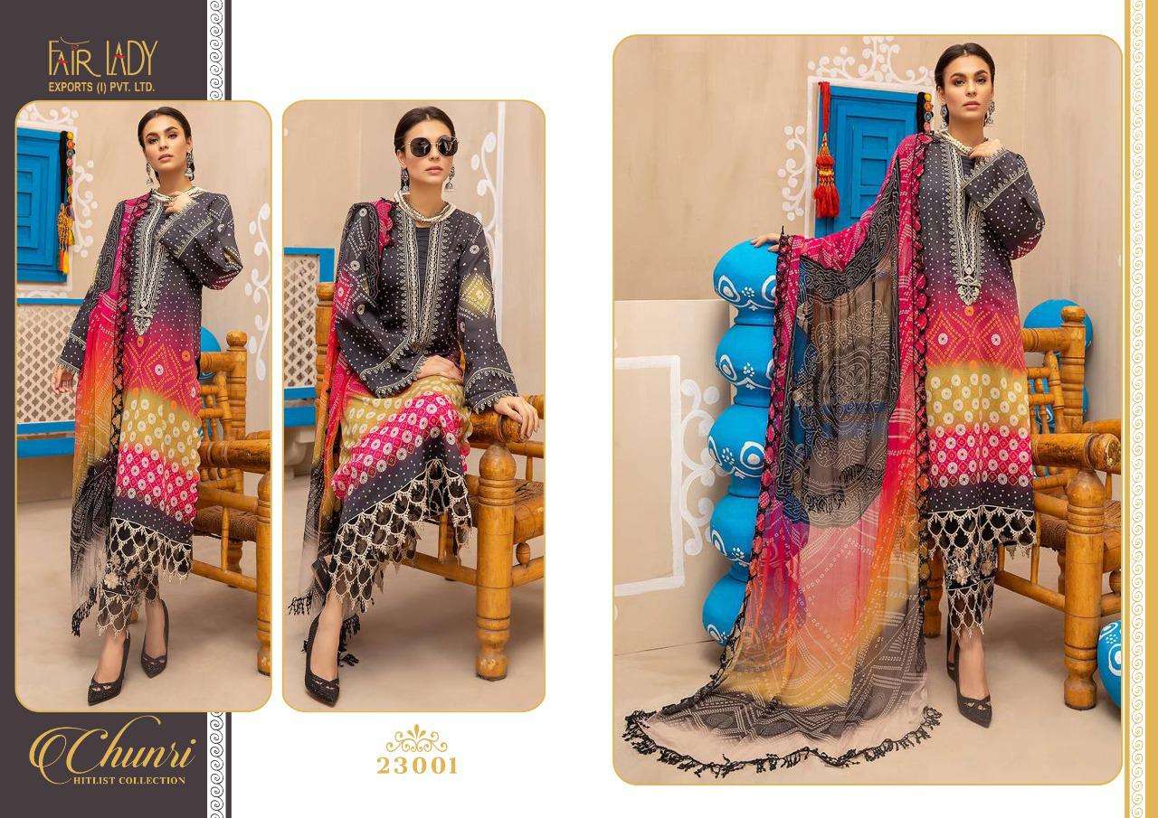 CHUNRI HITLIST COLLECTION BY FAIR LADY 23001 TO 23002 SERIES PAKISTANI SUITS BEAUTIFUL FANCY COLORFUL STYLISH PARTY WEAR & OCCASIONAL WEAR LAWN COTTON PRINT WITH EMBROIDERY DRESSES AT WHOLESALE PRICE