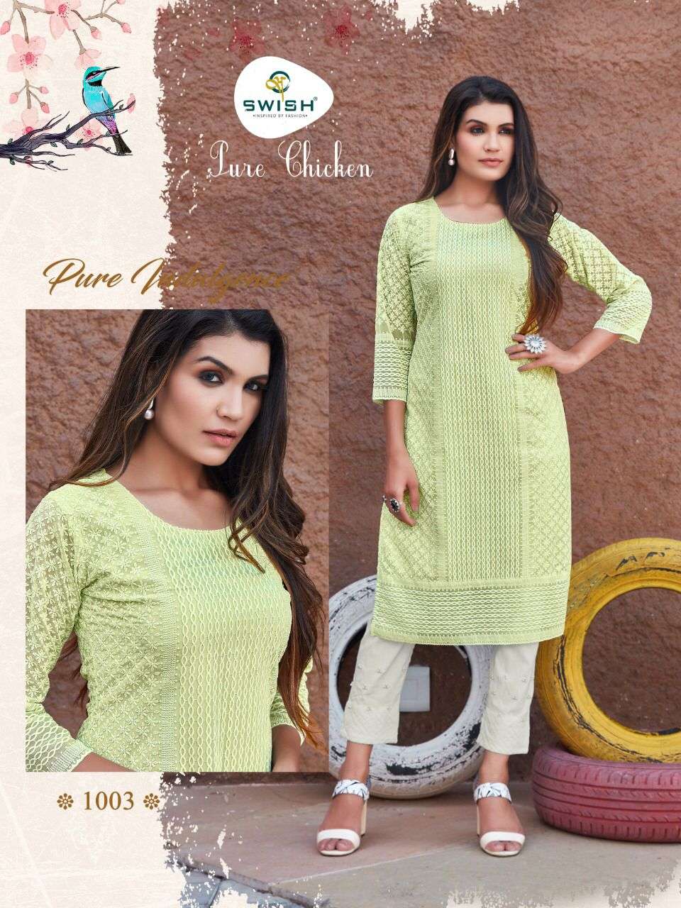 PURE CHICKEN BY SWISH 1001 TO 1006 SERIES DESIGNER BEAUTIFUL COLORFUL STYLISH FANCY CASUAL WEAR & ETHNIC WEAR & READY TO WEAR GEORGETTE CHICKEN KURTIS AT WHOLESALE PRICE