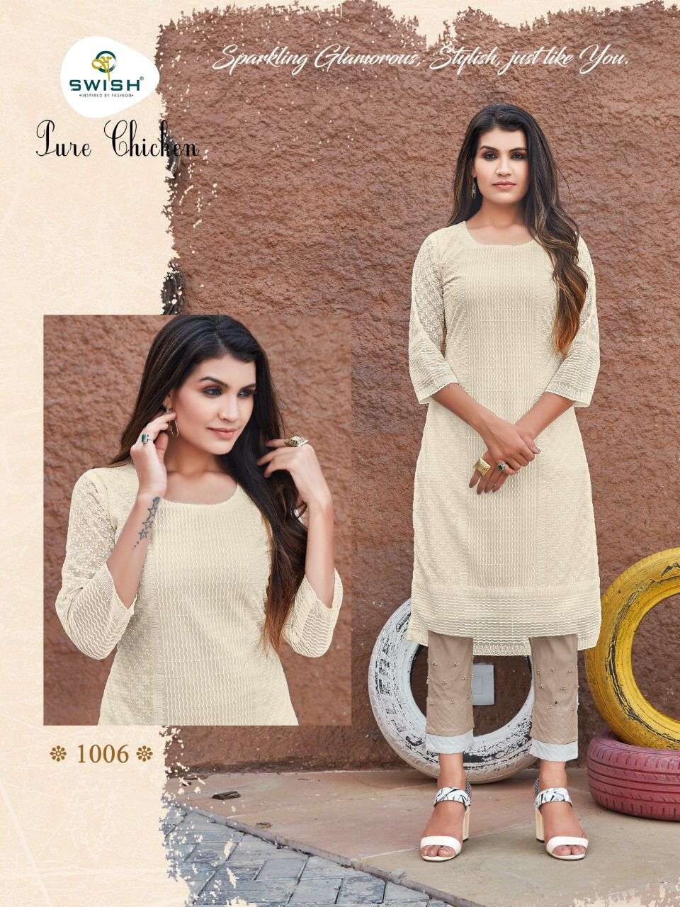 PURE CHICKEN BY SWISH 1001 TO 1006 SERIES DESIGNER BEAUTIFUL COLORFUL STYLISH FANCY CASUAL WEAR & ETHNIC WEAR & READY TO WEAR GEORGETTE CHICKEN KURTIS AT WHOLESALE PRICE