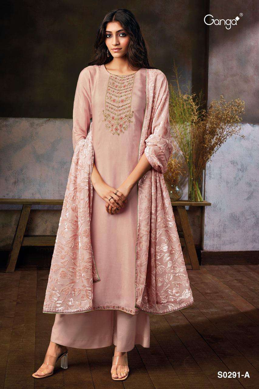 ZURI-291 BY GANGA FASHION 291-A TO 291-D SERIES DESIGNER SUITS STYLISH DESIGNER COLORFUL FANCY BEAUTIFUL PARTY WEAR & ETHNIC WEAR PURE SILK EMBROIDERED DRESSES AT WHOLESALE PRICE