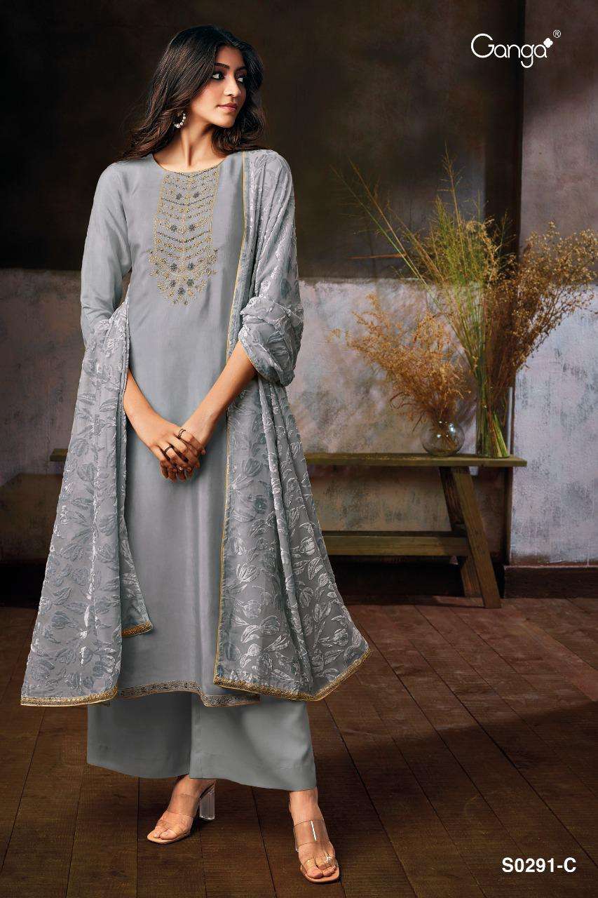ZURI-291 BY GANGA FASHION 291-A TO 291-D SERIES DESIGNER SUITS STYLISH DESIGNER COLORFUL FANCY BEAUTIFUL PARTY WEAR & ETHNIC WEAR PURE SILK EMBROIDERED DRESSES AT WHOLESALE PRICE