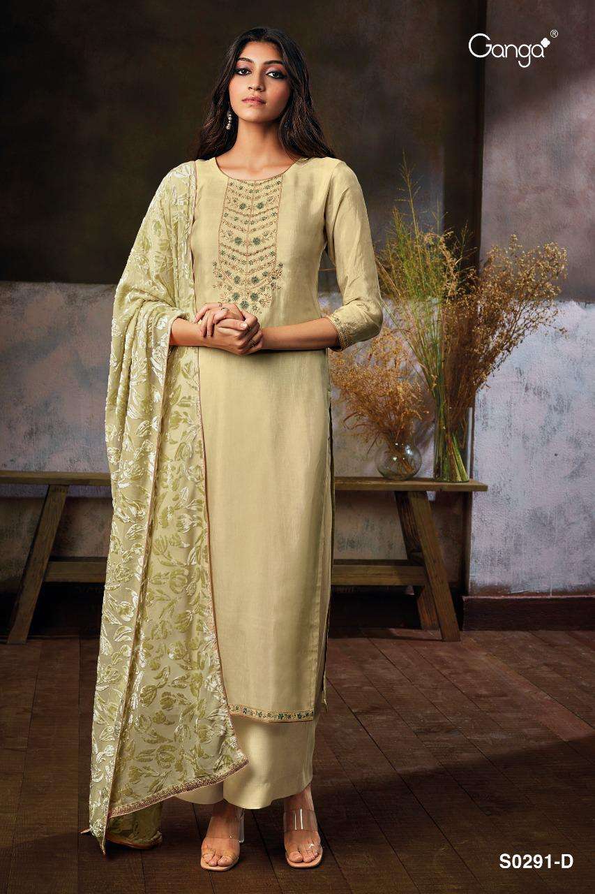 ZURI-291 BY GANGA FASHION 291-A TO 291-D SERIES DESIGNER SUITS STYLISH DESIGNER COLORFUL FANCY BEAUTIFUL PARTY WEAR & ETHNIC WEAR PURE SILK EMBROIDERED DRESSES AT WHOLESALE PRICE
