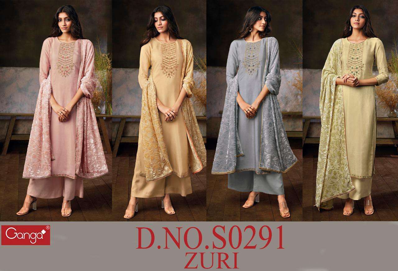 ZURI-291 BY GANGA FASHION 291-A TO 291-D SERIES DESIGNER SUITS STYLISH DESIGNER COLORFUL FANCY BEAUTIFUL PARTY WEAR & ETHNIC WEAR PURE SILK EMBROIDERED DRESSES AT WHOLESALE PRICE