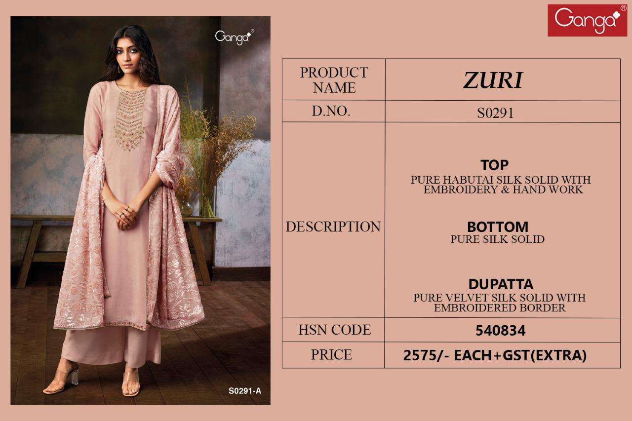 ZURI-291 BY GANGA FASHION 291-A TO 291-D SERIES DESIGNER SUITS STYLISH DESIGNER COLORFUL FANCY BEAUTIFUL PARTY WEAR & ETHNIC WEAR PURE SILK EMBROIDERED DRESSES AT WHOLESALE PRICE