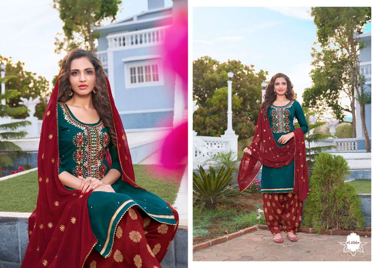MAHEK BY UTSAV SUITS 1401 TO 1406 SERIES BEAUTIFUL STYLISH PATIYALA SUITS FANCY COLORFUL CASUAL WEAR & ETHNIC WEAR & READY TO WEAR COTTON SATIN DRESSES AT WHOLESALE PRICE