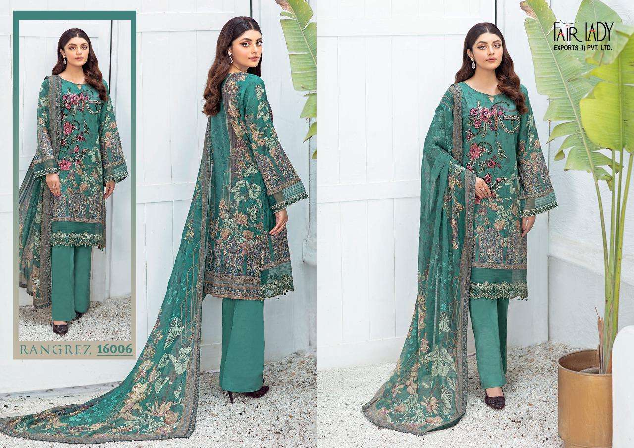 RANGREZ BY FAIR LADY 16001 TO 16006 SERIES DESIGNER PAKISTANI SUITS COLLECTION BEAUTIFUL STYLISH COLORFUL FANCY PARTY WEAR & OCCASIONAL WEAR LAWN COTTON DIGITAL PRINT WITH EMBROIDERY DRESSES AT WHOLESALE PRICE