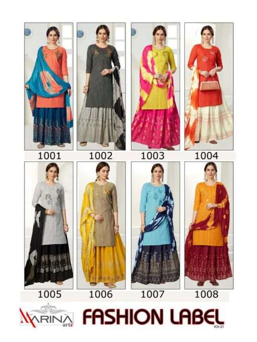 FASHION LABEL VOL-1 BY MARINA ARTS 1001 TO 1008 SERIES BEAUTIFUL SUITS COLORFUL STYLISH FANCY CASUAL WEAR & ETHNIC WEAR HEAVY HANDLOOM COTTON DRESSES AT WHOLESALE PRICE