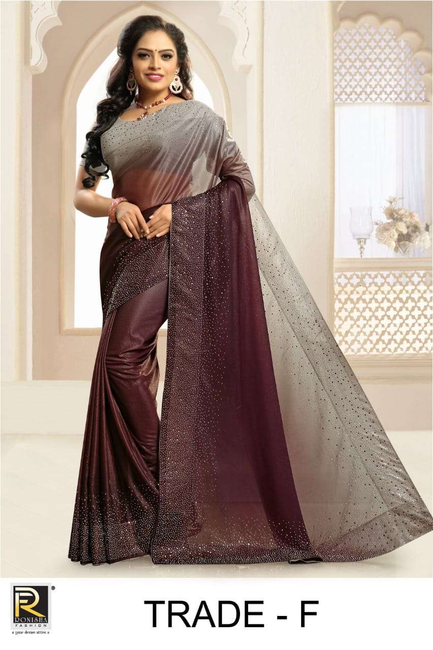 TRADE BY RONISHA FASHION A TO F SERIES INDIAN TRADITIONAL WEAR COLLECTION BEAUTIFUL STYLISH FANCY COLORFUL PARTY WEAR & OCCASIONAL WEAR IMPORTED LYCRA SAREES AT WHOLESALE PRICE