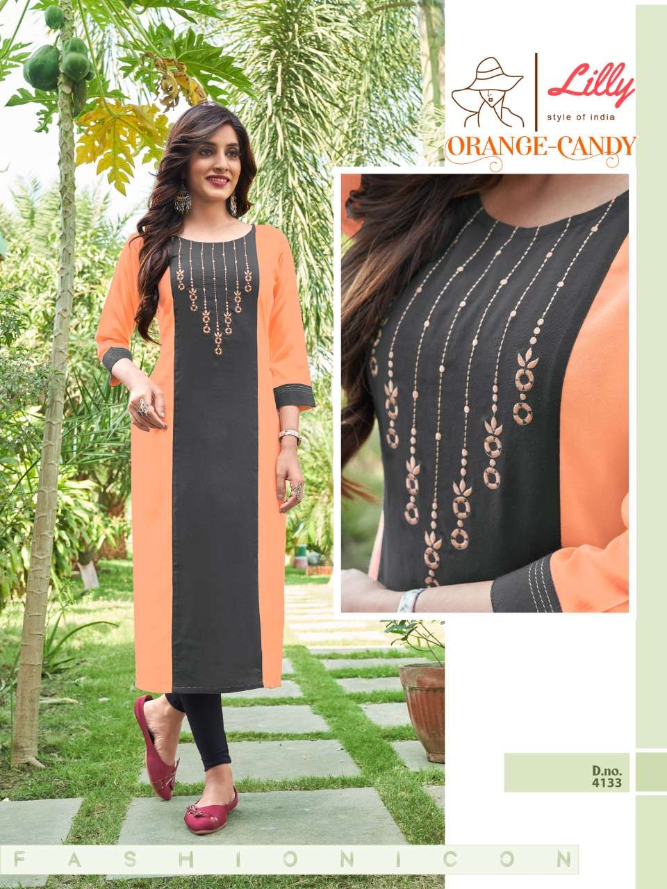 ORANGE CANDY BY LILLY 4128 TO 4133 SERIES DESIGNER STYLISH FANCY COLORFUL BEAUTIFUL PARTY WEAR & ETHNIC WEAR COLLECTION RAYON EMBROIDERY KURTIS AT WHOLESALE PRICE