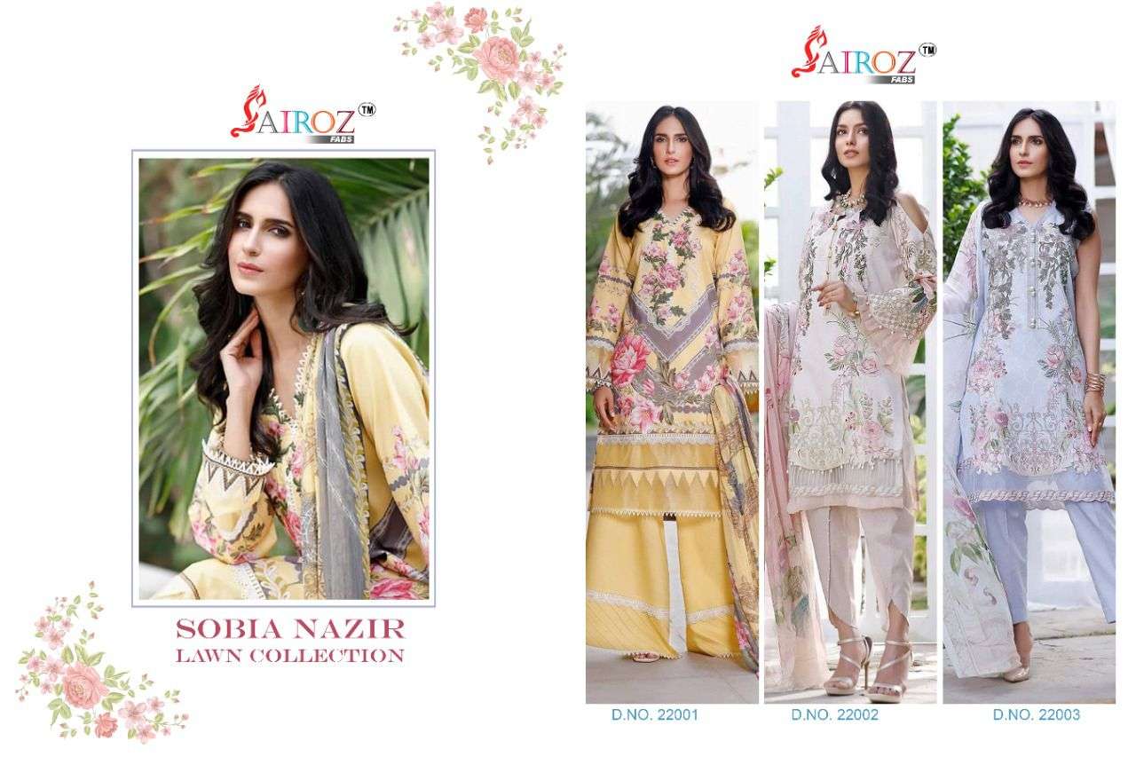 SOBIA NAZIR LAWN COLLECTION BY SAIROZ FABS 22001 TO 22003 SERIES PAKISTANI SUITS BEAUTIFUL FANCY COLORFUL STYLISH PARTY WEAR & OCCASIONAL WEAR PURE  COTTON DIGITAL PRINT DRESSES AT WHOLESALE PRICE