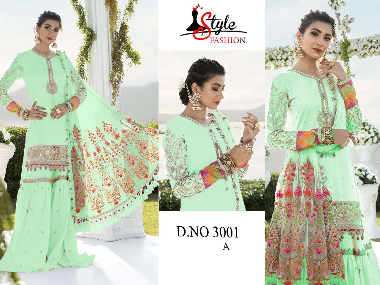 STYLE FASHION HIT DESIGN 3001 COLOURS BY STYLE FASHION 3001-A TO 3001-D SERIES DESIGNER PAKISTANI SUITS BEAUTIFUL STYLISH FANCY COLORFUL PARTY WEAR & OCCASIONAL WEAR HEAVY GEORGETTE EMBROIDERED DRESSES AT WHOLESALE PRICE