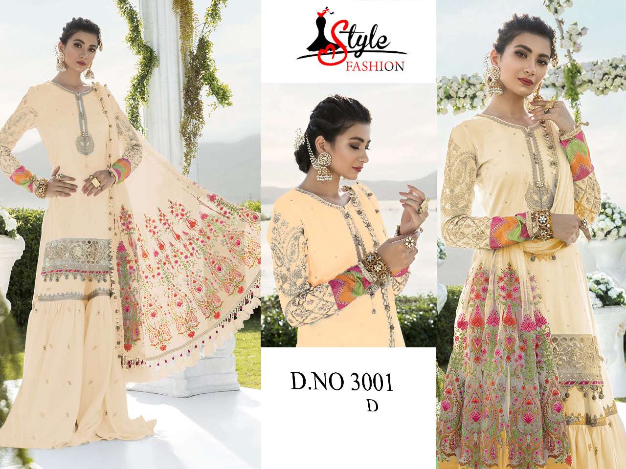 STYLE FASHION HIT DESIGN 3001 COLOURS BY STYLE FASHION 3001-A TO 3001-D SERIES DESIGNER PAKISTANI SUITS BEAUTIFUL STYLISH FANCY COLORFUL PARTY WEAR & OCCASIONAL WEAR HEAVY GEORGETTE EMBROIDERED DRESSES AT WHOLESALE PRICE